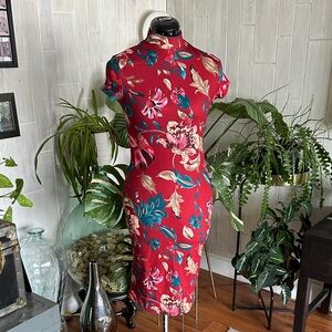 SHEIN Red Floral Bodycon Dress with Mandarin Collar